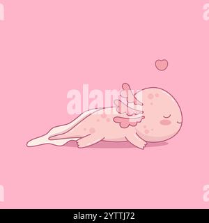 Cute dreamer Axolotl. Little funny sleeping cartoon kawaii character with heart on pink background. Vector illustration Stock Vector