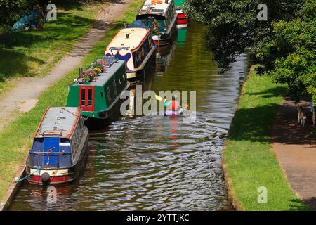 Narrowboats moored on the Shropshire Union Canal Llangollen Branch at Pontcysyllte Aqueduct in North Wales,UK Stock Photo