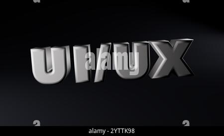 3D text UX/UI design from metal texture on black background in close-up Stock Photo