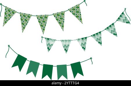 Festive pennant garland on rope in monochrome green and pattern St Patrick Day design elements Set 3. Isolated Vector illustration Thematic or greeting cards, post, blogs, leaflets or web promo, label Stock Vector