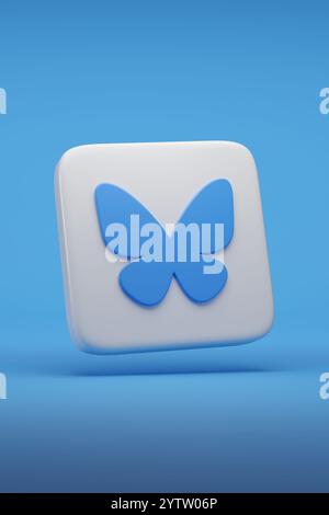 Buenos Aires, Argentina - November 18th, 2024: Bluesky logo in three dimensions isolated on blue background. 3d illustration. Stock Photo