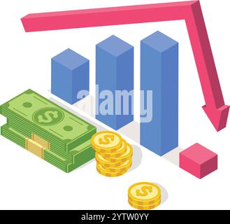 Isometric bar graph with decreasing trend shows negative financial results with dollar bills and coins, representing economic downturn and financial crisis Stock Vector