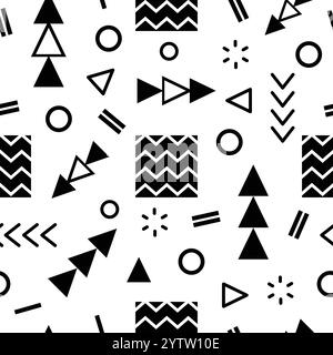 Seamless pattern features black and white geometric shapes including triangles, circles, squares, and arrows, creating a dynamic and visually engaging composition Stock Vector
