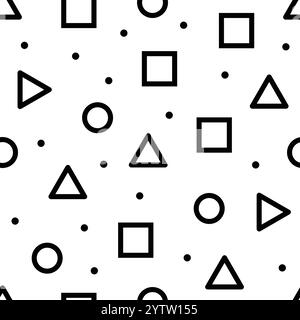 Seamless geometric pattern showcasing triangles, squares, circles, and small dots creates a simple yet dynamic design, suitable for various backgrounds and decorative purposes Stock Vector