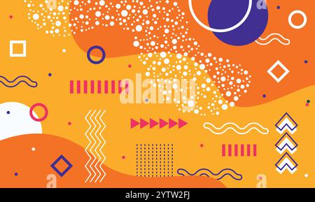 Vibrant orange and purple geometric abstract background showcasing a variety of shapes, lines, dots, and patterns, creating a dynamic and eye catching Stock Vector