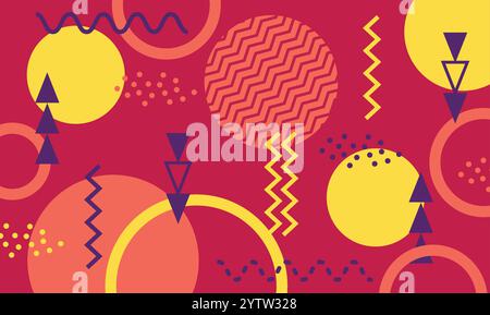 Vibrant geometric shapes and patterns creating a dynamic memphis design background, featuring circles, triangles, zigzags, and dotted textures in a re Stock Vector