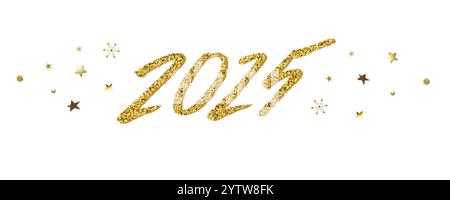Numbers 2025 written in ink and decorated with a golden gradient. New Year banner, card, poster. Vector illustration Stock Vector