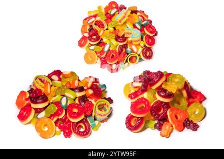 Assorted colorful gummy candies. Top view. Jelly donuts. Jelly bears. Isolated on a white background. Stock Photo