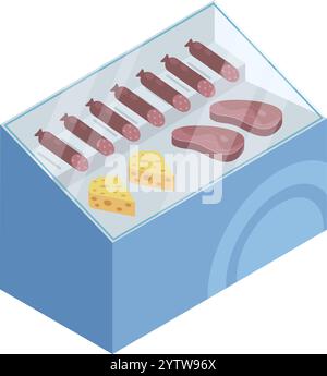 Refrigerated display case showing various types of sausages, cheese and steaks, offering a selection of fresh products for customers in a supermarket Stock Vector