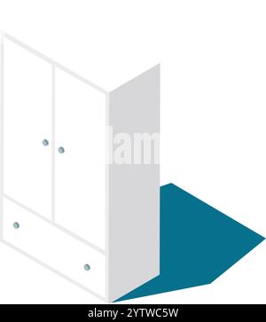 Isometric projection of a white wooden wardrobe casting a shadow on a blue floor, featuring two doors and two drawers, perfect for interior design and Stock Vector