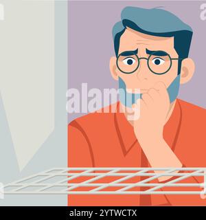 Illustration of a man in a modern minimalist style standing in front of an open empty refrigerator. Bright color palette and flat design. Stock Vector