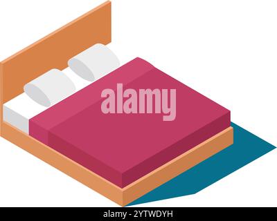 Comfortable double bed featuring pink sheets, two pillows, and a wooden frame, presented in isometric view, perfect for relaxation and interior design Stock Vector