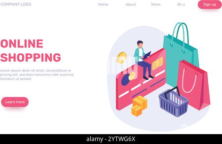 Isometric illustration of a man using a laptop sitting on a credit card, shopping bags, shopping basket, boxes and percentage symbol, representing the Stock Vector
