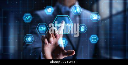 Deepfake Synthetic Media Creation and Manipulation, projection on a virtual screen, Business and Technology Concept. Stock Photo