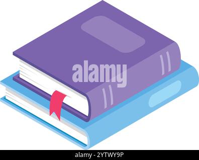 Purple book resting atop a light blue one, both featuring white pages, creating an isometric illustration that embodies the concepts of learning and r Stock Vector
