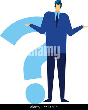 Businessman in a suit shrugging with a large question mark behind him, representing confusion, uncertainty, and the search for answers in business dec Stock Vector