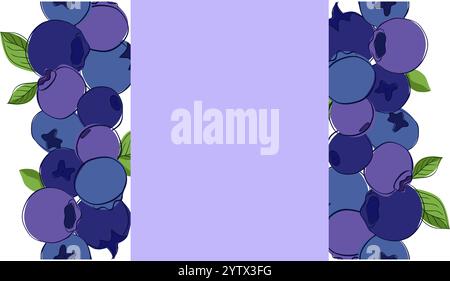 Blueberries painting seamless border and frame. graphic line vector illustration template for text Stock Vector