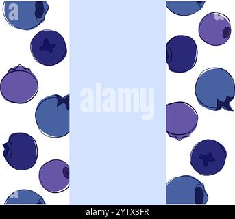 Blueberry graphic outline design element seamless border frame in color. vector illustration for invitation, card design and graphic design Stock Vector