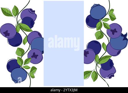 Vector illustration of forest edible blueberries. Graphic line seamless border vertical frame Stock Vector