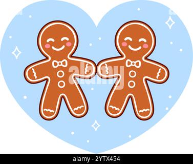 Cute cartoon gingerbread man gay couple in love. Funny Christmas cookie vector illustration. Stock Vector