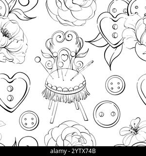 Vintage sewing tools - Pin Cushion, buttons, needles and flowers . Background, seamless pattern. Handcraft in retro style. Vintage old fashion Stock Vector