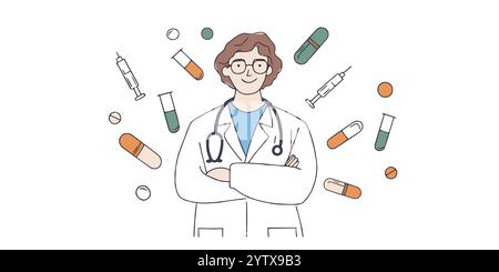 Line drawing doctor standing with arms crossed. Tablets pills syringes around. Medical center online app. Female character in white coat vector Stock Vector