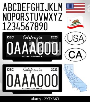 California state car digital license plate, letters, numbers and symbols, vector illustration, United States of America Stock Vector