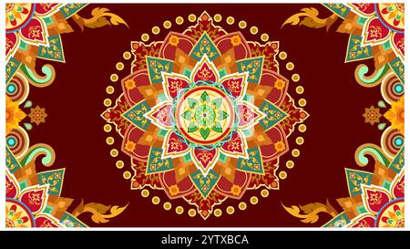 A vibrant mandala with intricate geometric and floral patterns in shades of red, orange, green, and yellow, set against a rich brown background. Stock Vector