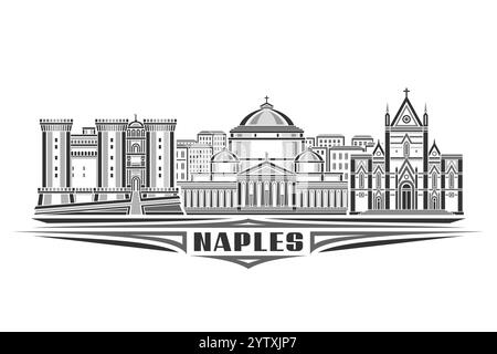 Vector illustration of Naples, monochrome horizontal card with linear design old naples city scape, european urban line art concept with decorative le Stock Vector