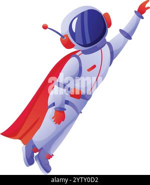 Superhero astronaut soaring through the cosmos in a vibrant red cape and sleek spacesuit, confidently pointing while navigating the vastness of space Stock Vector