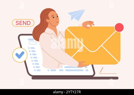 New email notification on mail automation platform, marketing campaign message or newsletter delivery. Girl on laptop screen holding big envelope with letter for customer cartoon vector illustration Stock Vector