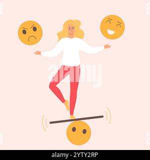 Emotion control for mental balance and stability, emotional intelligence. Tiny confused woman holding angry and happy emoji to choose between positive and negative feelings cartoon vector illustration Stock Vector