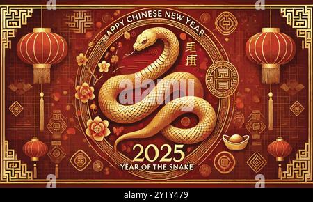 Colorful 2025 Chinese New Year Vector Illustrations, easily editable Stock Vector