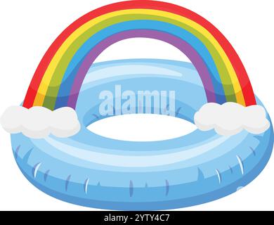 Vibrant illustration of a blue inflatable ring featuring a colorful rainbow arching over it, with fluffy white clouds at each end, creating a cheerful Stock Vector