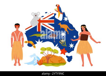 Travel to Australia, Australians in traditional tribal costumes on infographic collage with country map and flag, ocean wave and landscape of Australia, animals and birds cartoon vector illustration Stock Vector