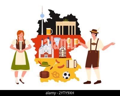 Travel to Germany, culture elements and traditional Oktoberfest food, landmarks on infographic collage with country map and flag. German people, sausages and Bavarian beer cartoon vector illustration Stock Vector