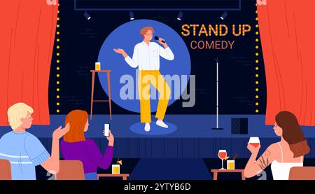 Stand up comedy show. Male talent comic with microphone standing on stage in spotlight to tell funny story for laughing audience at tables, perform standup monologue cartoon vector illustration Stock Vector