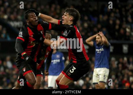 Ipswich, UK. 07th Dec, 2024. Bournemouth's Dango Ouattara celebrates scoring their side's first goal with Bournemouth's Milos Kerkez (left) of the game during the Ipswich Town FC v AFC Bournemouth English Premier League match at Portman Road, Ipswich, England, United Kingdom on 8 December 2024 Credit: Every Second Media/Alamy Live News Stock Photo