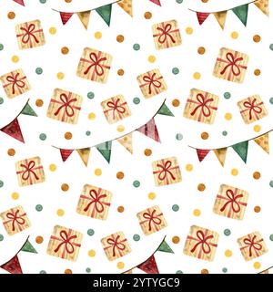 Seamless holiday pattern with watercolor illustration, birthday party elements. Birthday, holiday, New Year, congratulations, garlands, gifts. Stock Photo