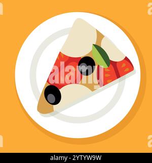Pizza slice on white plate with cheese and tomatoes. Delicious Italian pizza with mozzarella, olives, tomatoes and basil. Vector food icon Stock Vector
