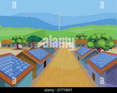 Village House, Home Solar Rooftop System windmills and houses with solar panels on rooftop flat vector illustration. Stock Vector