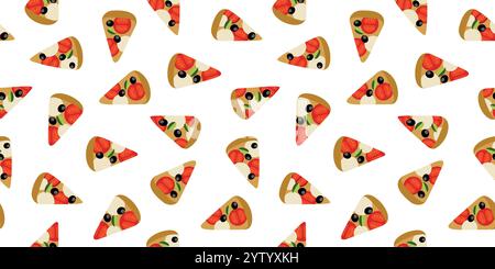 Pizza slices seamless pattern. Italian fast food repeat vector pattern clipart on white background Stock Vector