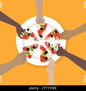 Hands holding pizza slices on white plate illustration. Arms with pizza flat vector illustrations isolated on yellow background Stock Vector