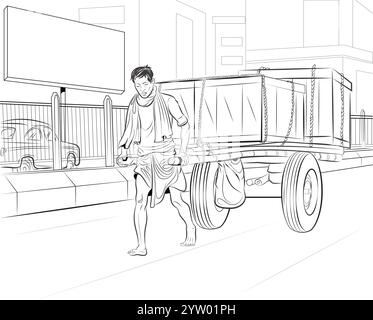Indian Man Pulling Cart in line Illustration Stock Vector