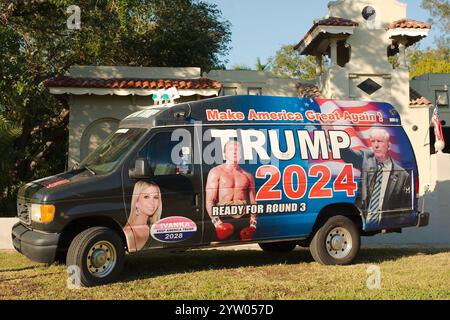 Editorial Use Only December 7, 2024 St. Petersburg, FL, USA. Wide view of a Trump 2024 van fully wrapped in political campaign information. Pictures Stock Photo