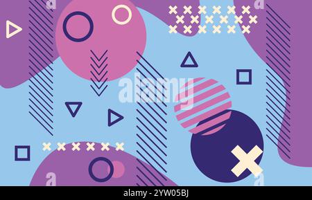 Modern abstract background featuring various geometric shapes like circles, triangles, and squares, combined with dynamic lines and crosses, creating a vibrant and playful composition Stock Vector