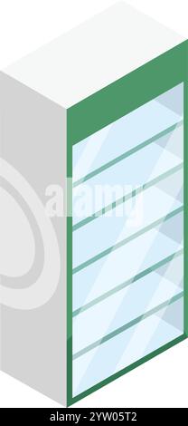 Empty glass display fridge with green frame and shelves, suitable for commercial use, presented in isometric view, perfect for showcasing products in retail settings Stock Vector