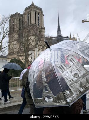 Paris, France. 08th Dec, 2024. Visitors look on at Notre-Dame on the re-opening day of the world-famous cathedral in Paris, France, on Sunday, December 8, 2024. The medieval cathedral officially rang its bells again today for the first time in five years after it burned down in a devastating fire. Photo by Maya Vidon-White/UPI Credit: UPI/Alamy Live News Stock Photo