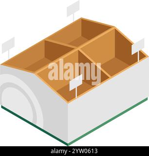 Four compartment empty product display box featuring blank price tags, perfect for showcasing retail merchandise in an isometric view, enhancing visual merchandising and branding efforts Stock Vector