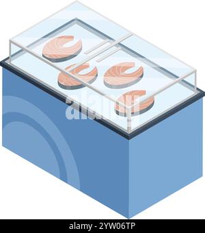 Refrigerated display case showing salmon steaks, ideal for illustrating concepts related to supermarkets, grocery stores, fish shops, fresh food, seafood, or healthy eating Stock Vector